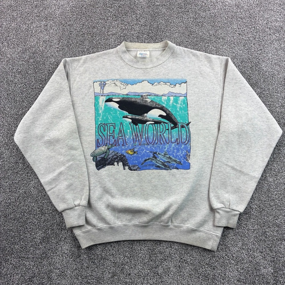 Vintage Sea World Sweatshirt Mens Large Gray Shamu Orca Whale Dolphin USA Made